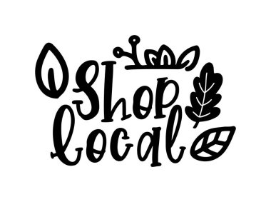 SHOP LOCAL el çizimi metin ve karalama rozetleri, logo, simgeler.