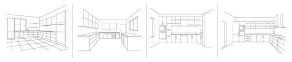 Bocetos de COCINA INTERIOR. Línea vectorial ilustración de cocina moderna con muebles . — Vector de stock