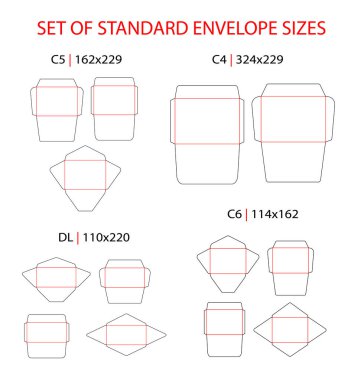 Zarf ayarlı standart tip vektör die kesim şablonu: DL, C6, C5, C4.