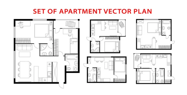 Arkitektur plan uppsättning av lägenhet, studio, lägenhet, lägenhet, hus. — Stock vektor