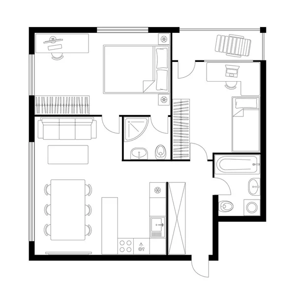 APARTAMENTO PLAN. Plano de planta de dos dormitorios . — Vector de stock