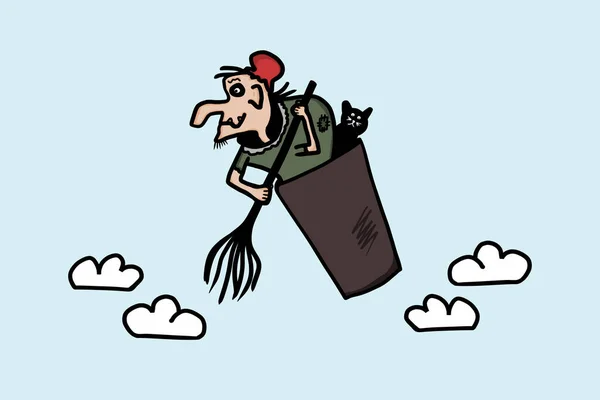Baba Yaga cadısı kara kedi ve süpürgeyle sepetin içinde uçuyor. Rus masallarındaki çizgi film cadısı. İzole vektör çizimi.