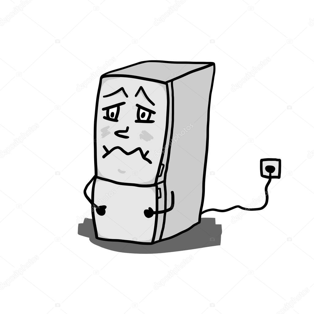 Funny angry fridge mascot. Cartoon design of an icebox character with sad face. Isolated vector drawing. Hand drawn doodle of refrigerator, comic illustration on white background.