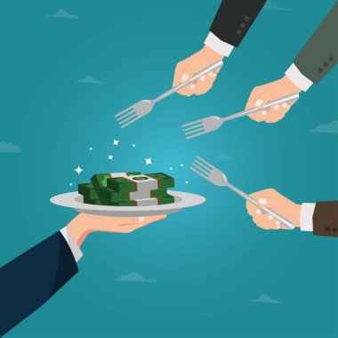 Para tabakta ve iş adamlarının elinde çatal var. Yasadışı vektör illüstrasyonu