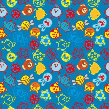 Çocukların kusursuz desenleri, mavi arka planda farklı hayvanların yüzleri.