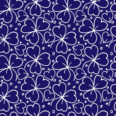 Kusursuz bitki deseni, mavi arkaplanda yonca yaprakları.