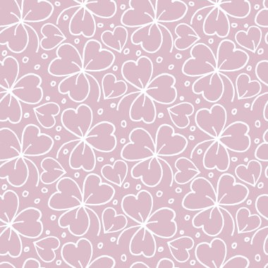 Kusursuz bitki deseni, pembe arkaplanda yonca yaprakları.