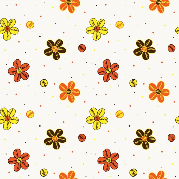 Seamless Children Pattern Yellow Orange Flowers Beige Background Polka Dots — Stock Vector