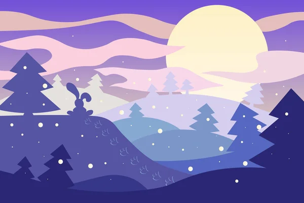 Hiver Paysage Noël Avec Lune Neige Avec Des Arbres Noël — Image vectorielle