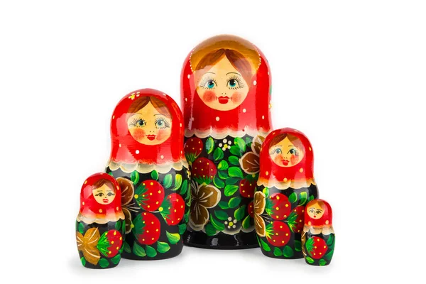 Bonecas Russas Madeira Vermelho Isolar Fundo Branco — Fotografia de Stock