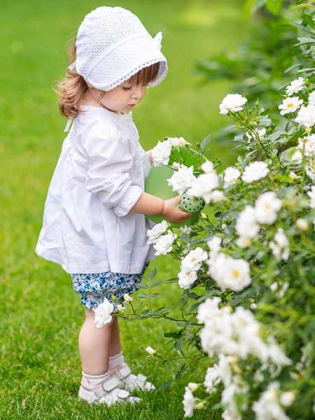 Einem Sommertag Pflegt Ein Kleines Mädchen Blumen Garten Und Gießt — Stockfoto