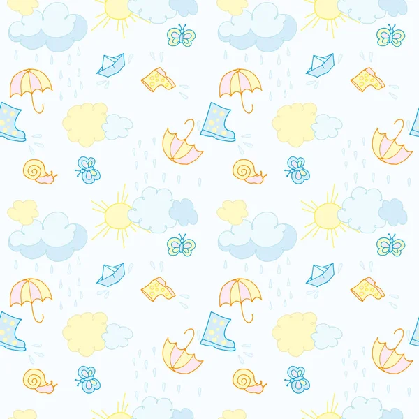 seamless pattern on a children's theme, clouds with raindrops, the sun and a boat on a light background