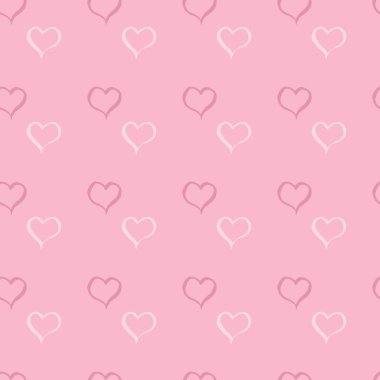 Kusursuz desen, pembe arka planda elle çizilmiş çok renkli kalpler.