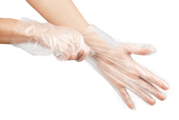 Les Mains Des Femmes Gants Jetables Transparents Isoler Sur Fond — Photo