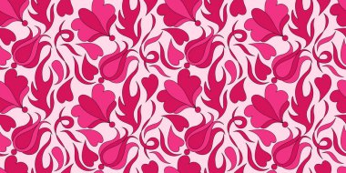 Şekillendirilmiş çiçekleri ve pembe tonlarda yaprakları olan kusursuz desen.