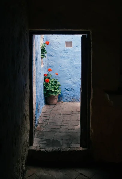 Picturesque corner with flower pot and blue wall in Monastery of Santa Catalina in Arequipa, Peru.