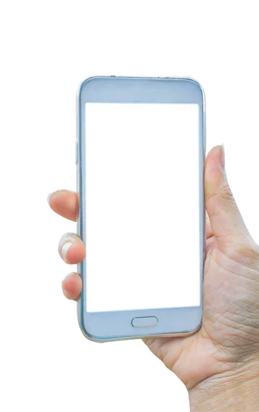 Mano sosteniendo teléfono inteligente aislado sobre fondo blanco — Foto de Stock