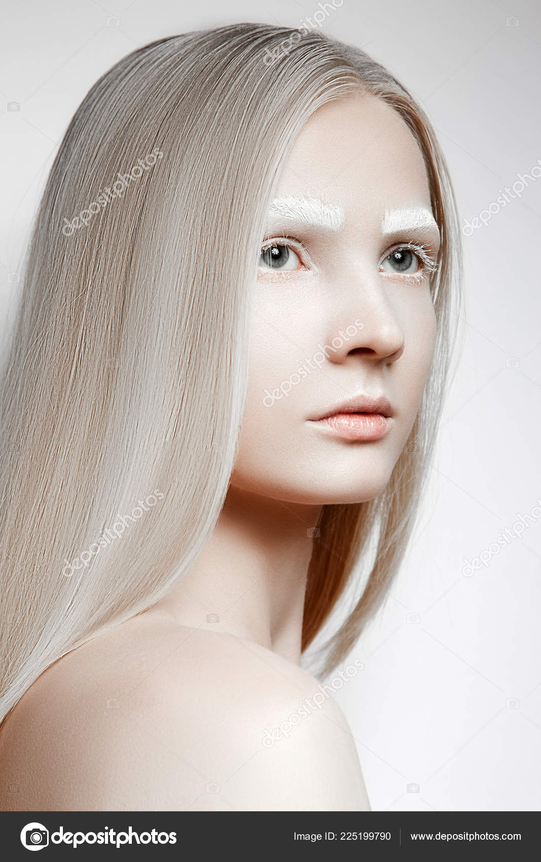 Portrait Cute Blonde White Eyebrows Girl Looks Straight Turning