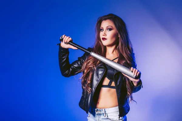 Beautiful Girl Holding Baseball Bat Shooting Studio — Stock Photo, Image