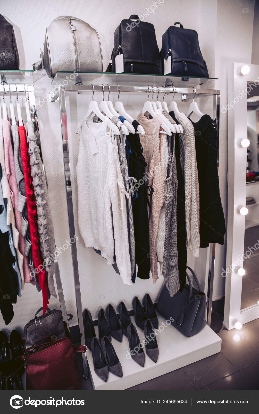 rack shoes outlet on Showcases Women Clothing Store Luxurious Dresses Shoes Stock Photo Image By C Jenyhanter 245695624