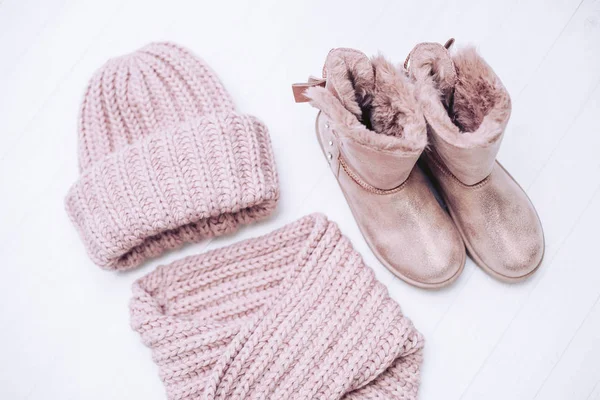 Stylish Knitted Winter Hat Pink Scarf Boots Natural Fur Wooden — Stock Photo, Image