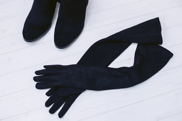 Guantes Otoño Lujo Para Mujer Botas Gamuza Natural Color Negro — Foto de Stock