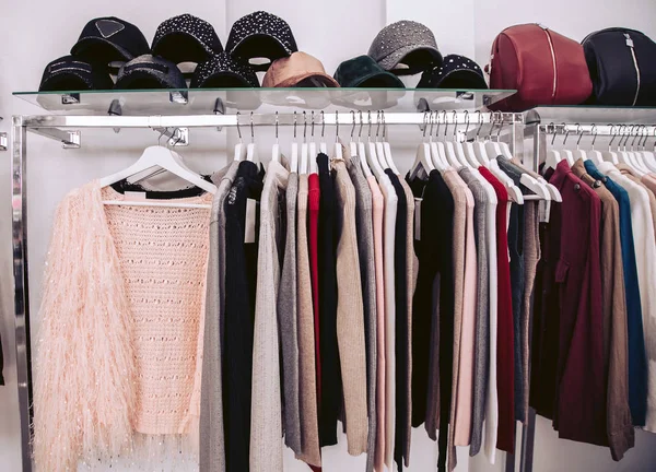 Rack Women Clothing Store Luxurious Jackets Hanging Hangers — Stock Photo, Image