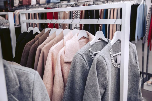 Collection Expensive Spring Women Coats Various Colors Hangers Clothing Store — Stock Photo, Image