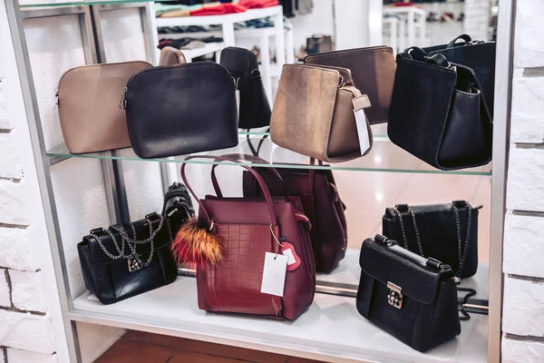 A collection of expensive luxury handbags of various colors standing on the shelf of a women\'s clothing store and accessories.