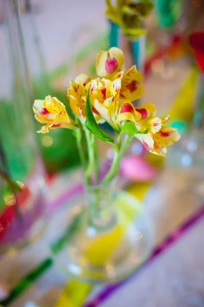 Een Kleine Boeket Van Gele Alstroemeria Een Glasvaas — Stockfoto