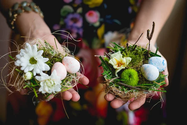 Girl Holding Two Easter Baskets Flowers Eggs — Stock Photo, Image