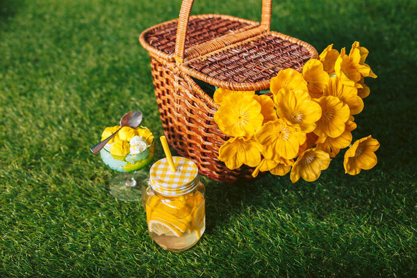Picnic set standing on a green lawn. Lemon ice cream and drink.