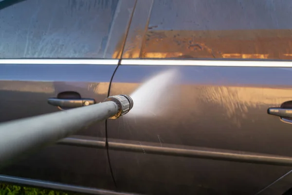 Car Wash Woman Blue Gloves Washes Car Karcher — Stock Photo, Image