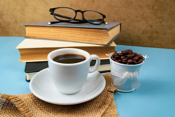 Cup Coffee Stack Books Blue Background Close — Stock Photo, Image