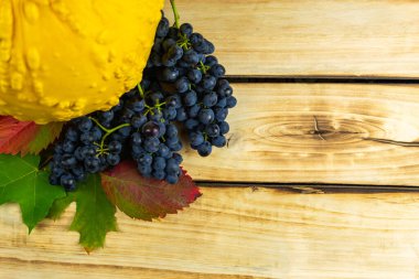 Balkabağı, sonbahar yaprakları, üzümler ve elmalar ahşap bir zeminde. Şükran Günü. Sonbahar temalı arkaplan.