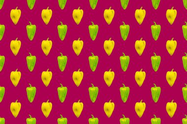 Burgundy arka planında yeşil ve sarı biberli kusursuz desen. Sebze deseni. Soyut arkaplan. En az sebze konsepti.