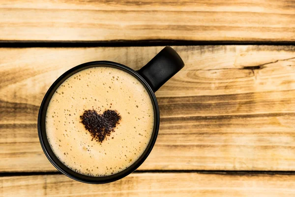 Draufsicht Auf Heißen Latte Oder Cappuccino Kaffee Schwarzer Tasse Mit — Stockfoto