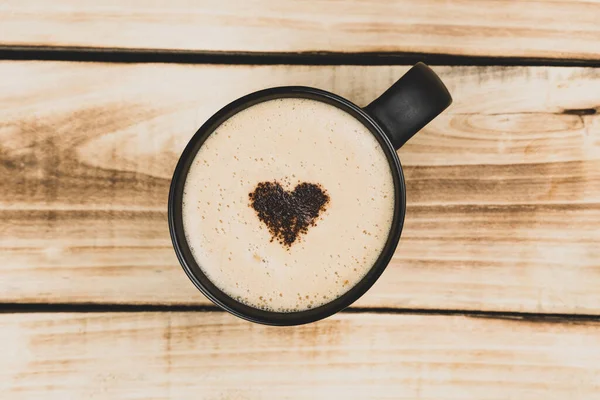 Draufsicht Auf Heißen Latte Oder Cappuccino Kaffee Schwarzer Tasse Mit — Stockfoto