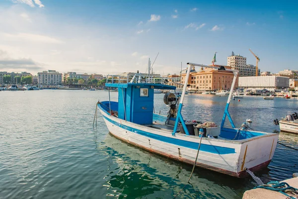 BARI, ITALY - 07 FEBRUARY, 2018: Evening view of marina with different Fishing boats in small port Giovinazzo near Bari, Apulia, Italy — Stock Photo, Image