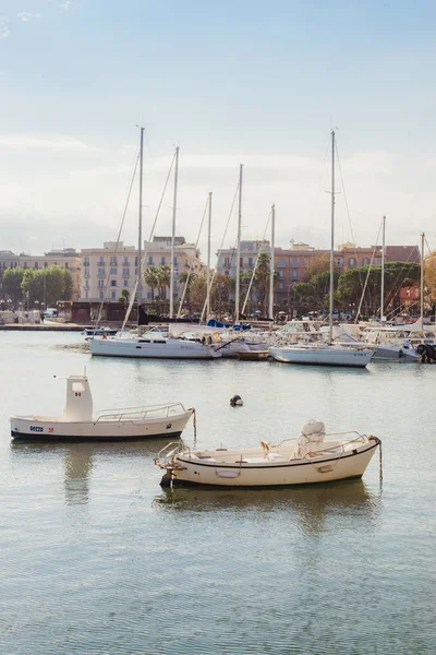 BARI, ITALY - 07 FEBRUARY, 2018: Evening view of marina with different Fishing boats in small port Giovinazzo near Bari, Apulia, Italy — Stock Photo, Image