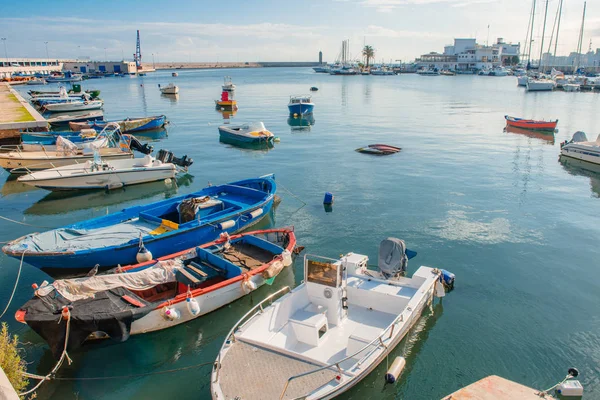 BARI, ITALY - 07 FEBRUARY, 2018: Evening view of marina with different Fishing boats in small port Giovinazzo near Bari, Apulia, Italy — Stock Photo, Image