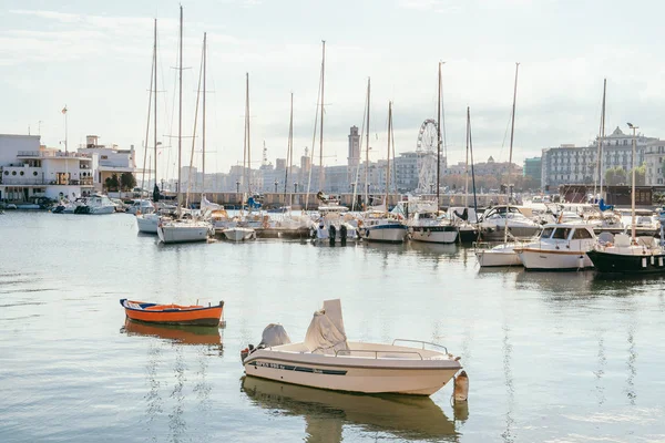 BARI, ITALY - 07 FEBRUARY, 2018: Evening view of marina with different Fishing boats in small port Giovinazzo near Bari, Apulia, Italy — Stock Photo, Image