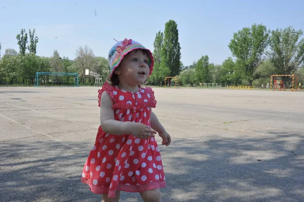 Cute Little Girl Playing Sunny Summer Park Toddler Kid Running — Stock Photo, Image