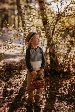 Sepetli şapkalı şık bir çocuk. Sonbaharda şapkalı ve sepetli bir çocuk.