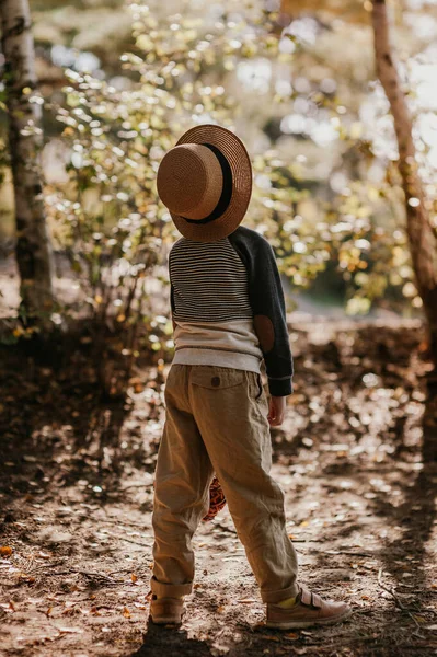 Κομψό αγόρι με καπέλο και καλάθι. αγόρι στο πάρκο με ένα καπέλο με ένα καλάθι το φθινόπωρο — Φωτογραφία Αρχείου