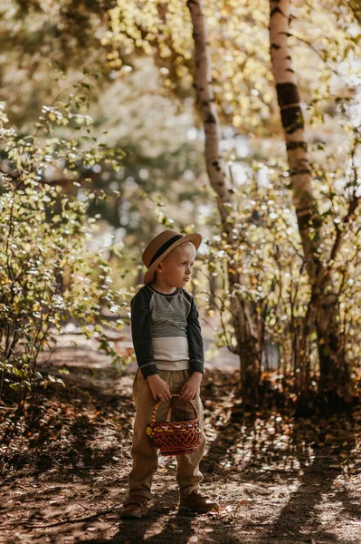 Niño con estilo en un sombrero con una cesta. niño en el parque en un sombrero con una cesta en otoño — Foto de Stock