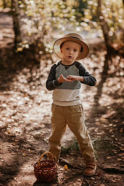 Rapaz elegante com um chapéu e um cesto. menino no parque em um chapéu com uma cesta no outono — Fotografia de Stock