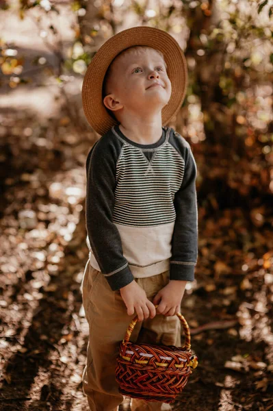 Rapaz elegante com um chapéu e um cesto. menino no parque em um chapéu com uma cesta no outono — Fotografia de Stock