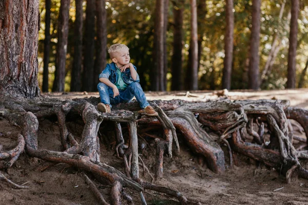 Симпатичный мальчик сидит в летнем парке. Внешний портрет . — стоковое фото