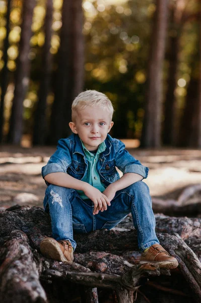 Lindo niño sentado en el parque de verano. Retrato exterior . — Foto de Stock